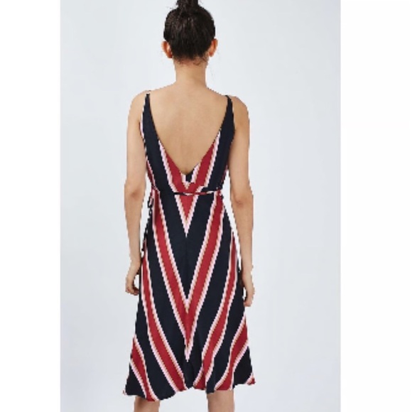 Top Shop Striped V-Neck Midi Wrap Dress - Red and Black - Picture 3 of 13